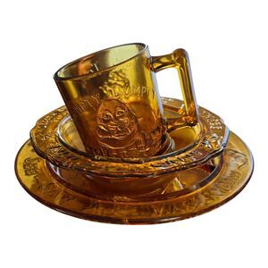 Tiara 3 pc. Vintage Amber Glass Mother Goose Nursery Rhyme Child Plate Mug Bowl